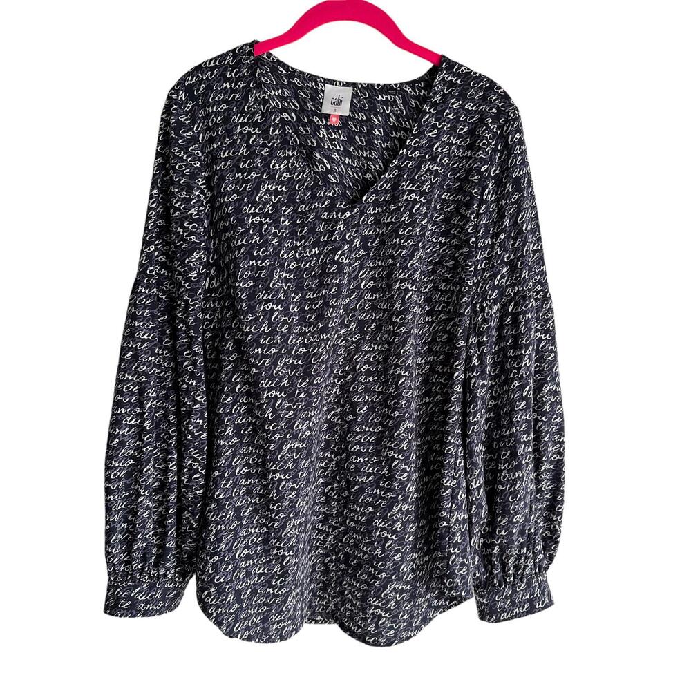 CABI "Te Amo" Love Print Navy Blue Ladies V-Neck Career Blouse, S